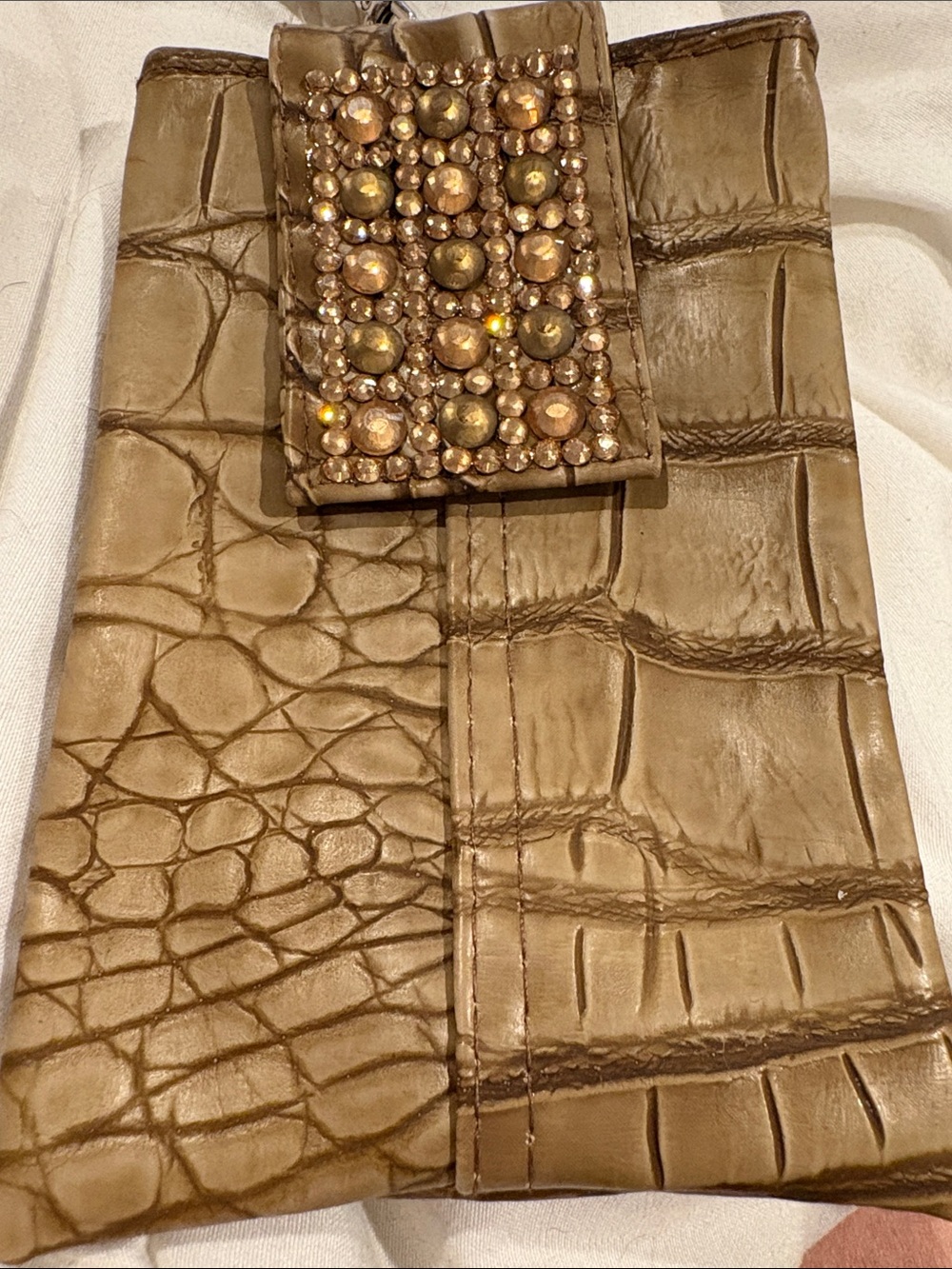 Embellished Faux Croc-Embossed  Phone Clutch - Gold/ Taupe